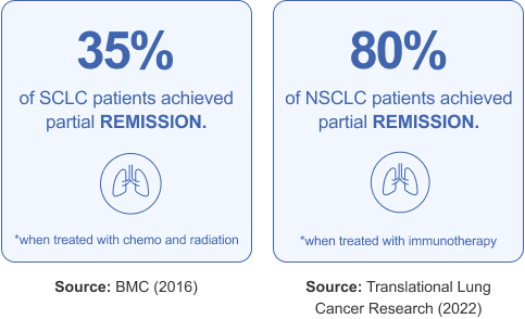 Infographic showing 35 percent of small cell lung cancer patients and 80 percent of non-small cell lung cancer patients achieve partial remission