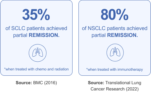 Graphic noting that 35% of SCLC cancer patients and 80% of NSCLC patients achieve remission with treatments