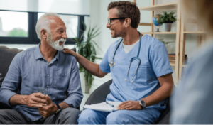 A male patient meets with a male doctor