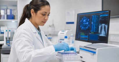 A lab worker uses instruments to analyze samples