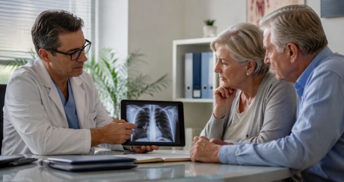 An older couple meets with a doctor and reviews X-rays of the chest on a screen