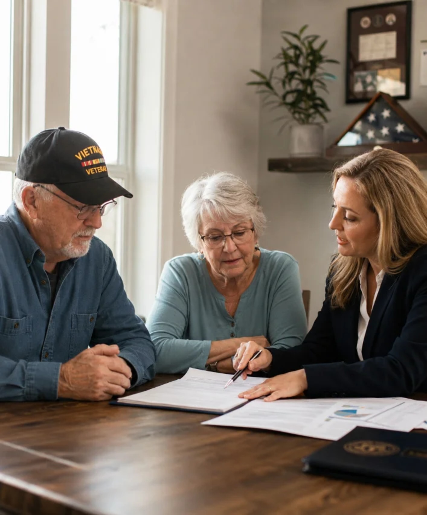 An older man and woman sit with a middle-aged woman at their kitchen table. They're reviewing paperwork together while a military burial flag sits on a shelf behind them next to a green potted plant.