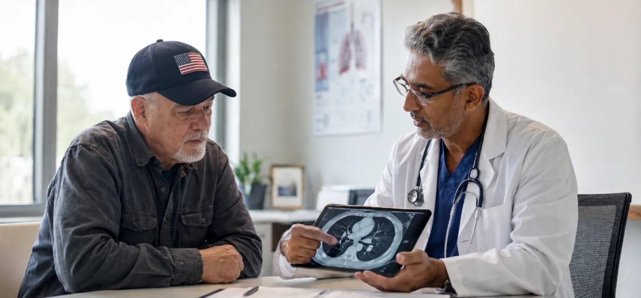 An older man wearing a gray shirt and an American flag baseball cap sits at a table with a doctor in the doctor's office. The doctor wears a white coat and blue scrubs as he points to a medical imaging scan in his hands.