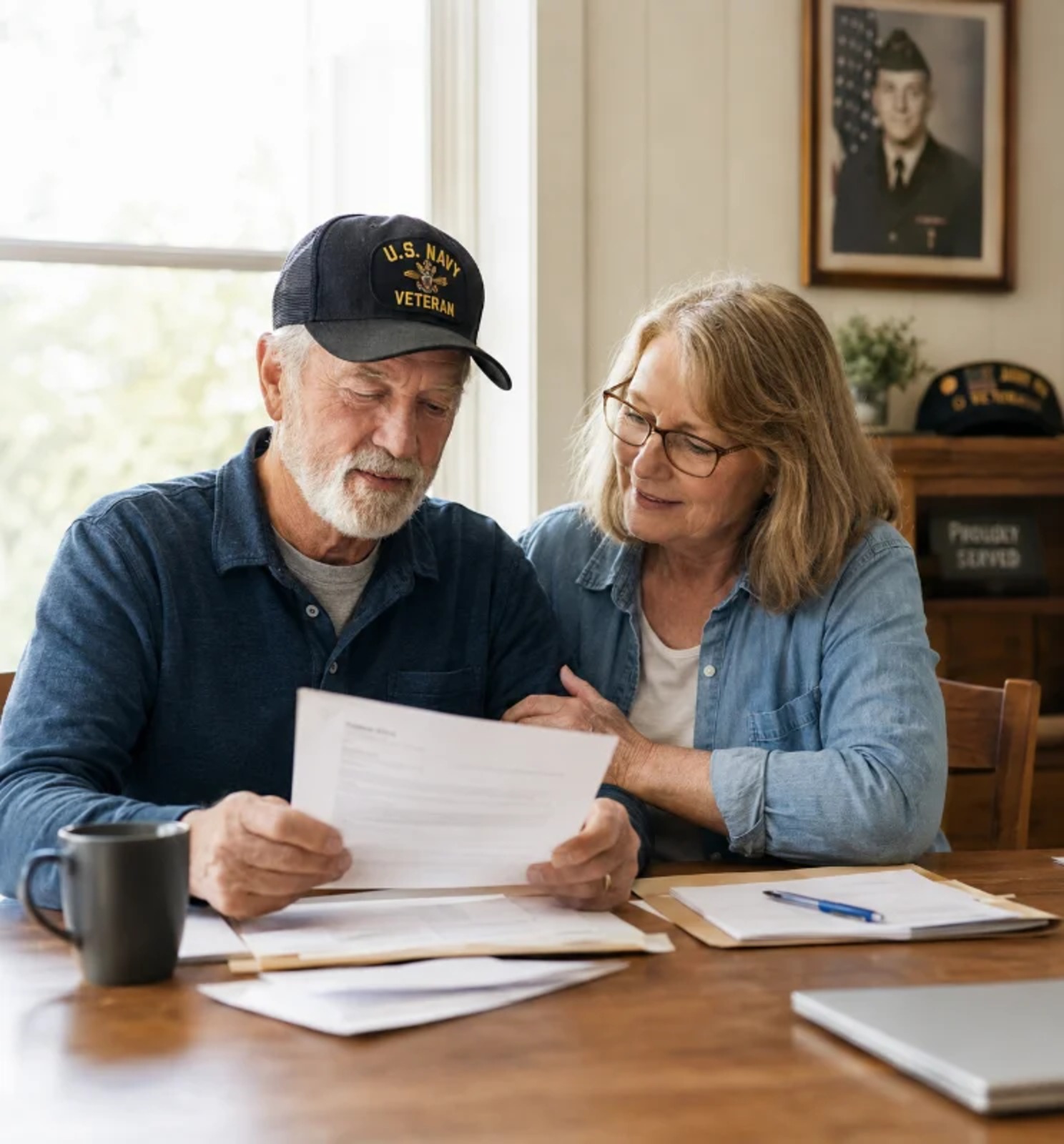 An older man and woman sit together at a wooden table in their home. A picture of the man in military uniform when he was younger is framed on the wall behind him. He wears a veteran cap as they look over papers together.
