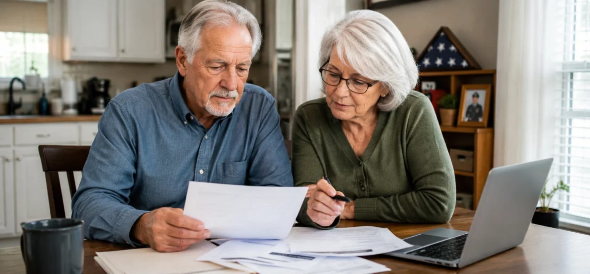 An older man and woman wearing blue and green shirts sit at their kitchen table. A military burial flag sits on a shelf behind them. Both look over pieces of paper while an open Macbook sits in front of them.
